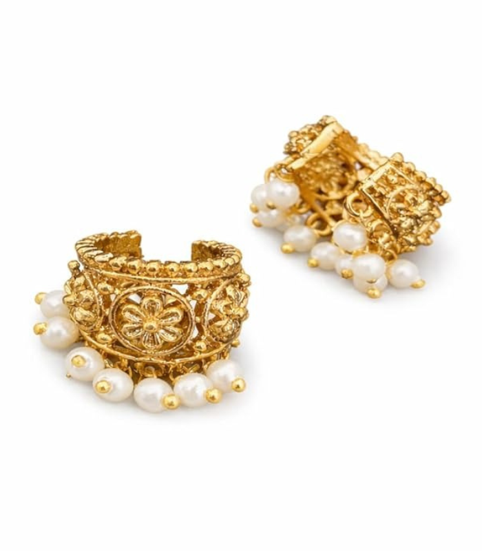 Untitled design (22) Traditional Gold Plated Ear Cuff Bugudi Earrings with Pearl Drops - Image 1