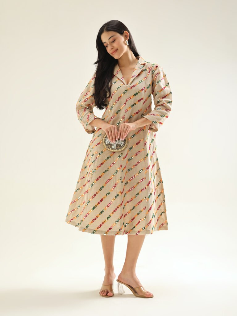Beige Breeze Jute Cotton Mirror Work women Dress