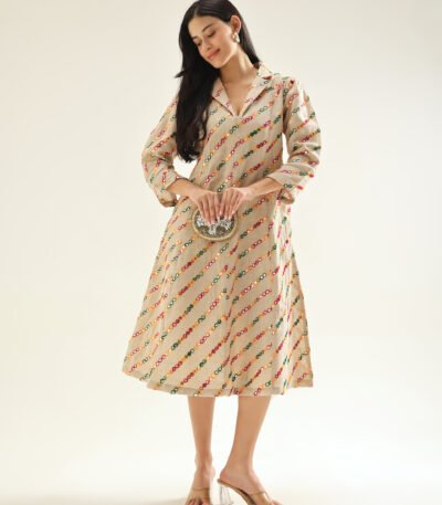 Beige Breeze Jute Cotton Mirror Work women Dress