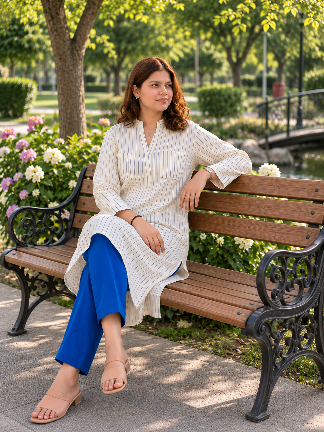 14..3 Off White Pinstripe Long kurta Co-Ord Set - Image 1