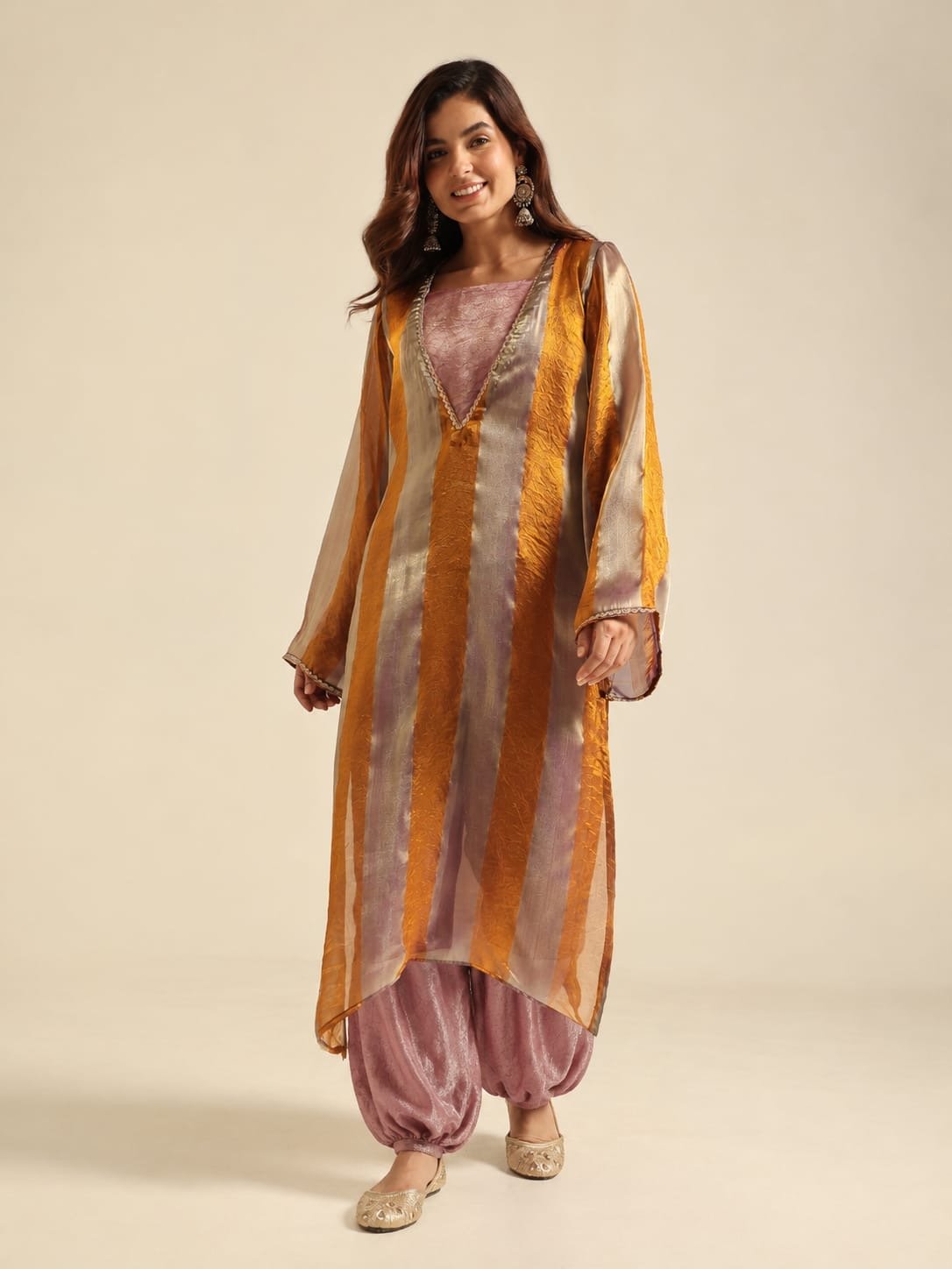 058b080e-700a-401d-b22d-8ada3bcdd29f Sunset Luxe – Striped Blooming Kurta - Image 1